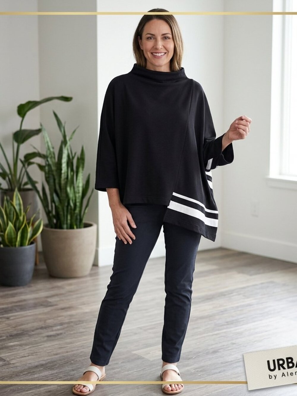 Urban by Alembika Black Asymmetrical Top Stripe Hem Lagenlook Large
